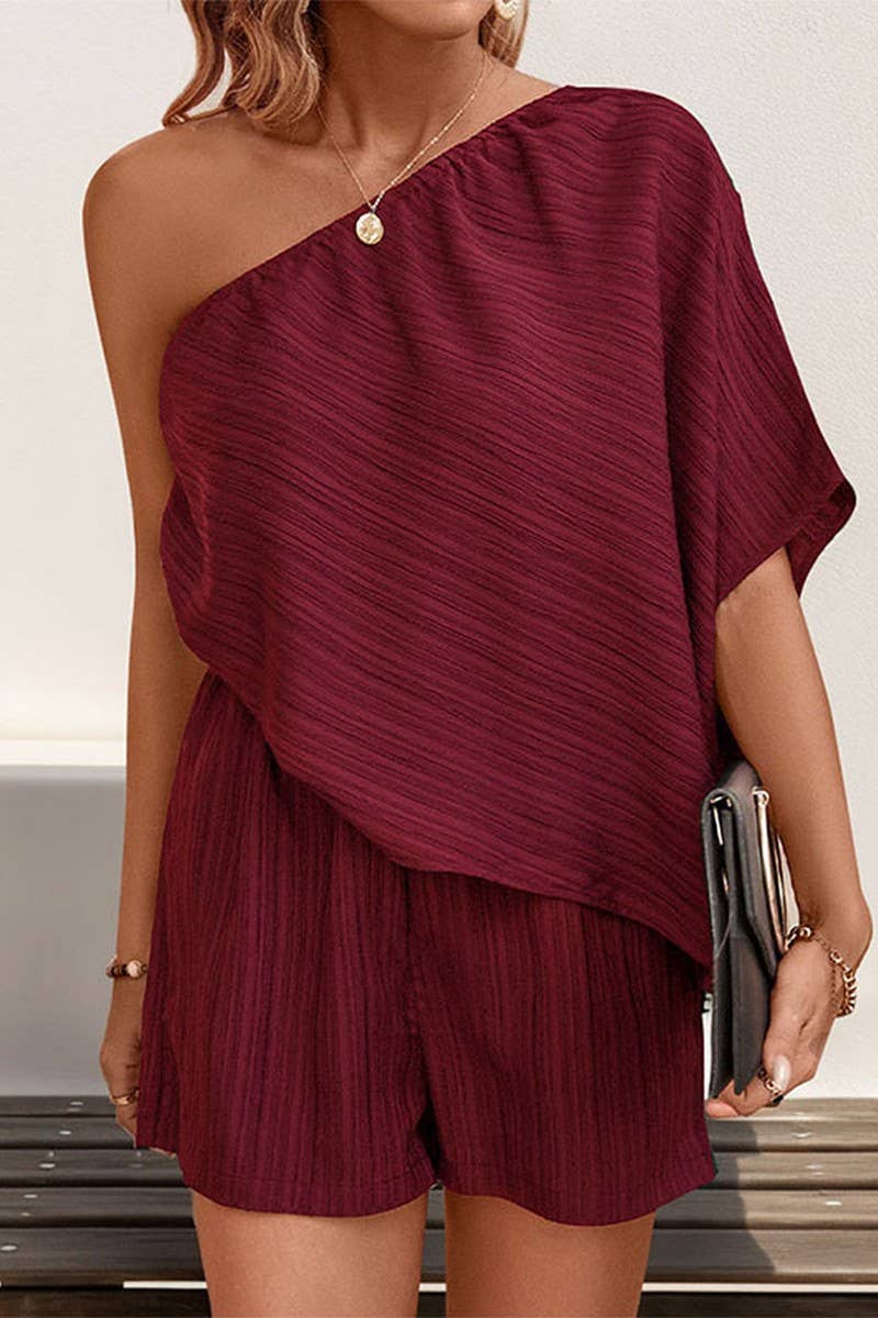 CWSJS0836_SOLID COLOR OFF-SHOULDER TEXTURED JUMPSUIT