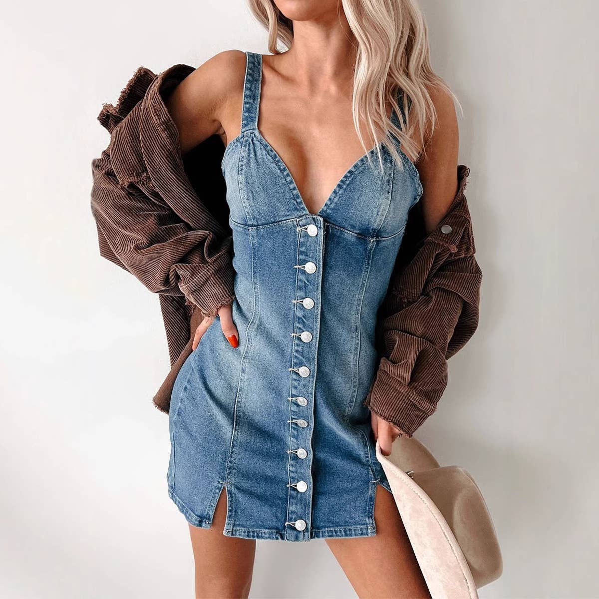 Button-down denim dress with deep V neck