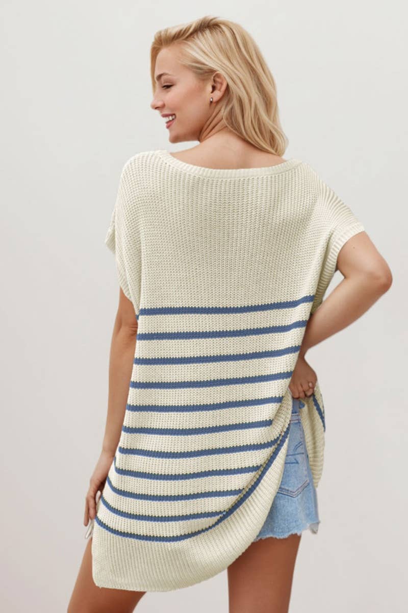 CWDSD3925_V-NECK STRIPED SHORT-SLEEVED KNITTED SHORT DRESS