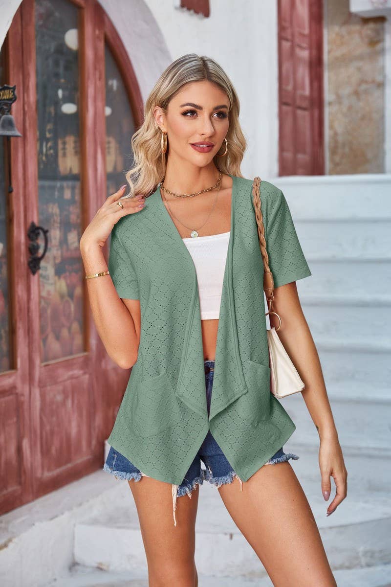 CWTBLS1113_SOLID COLOR HOLLOW CASUAL SHORT-SLEEVED CARDIGAN