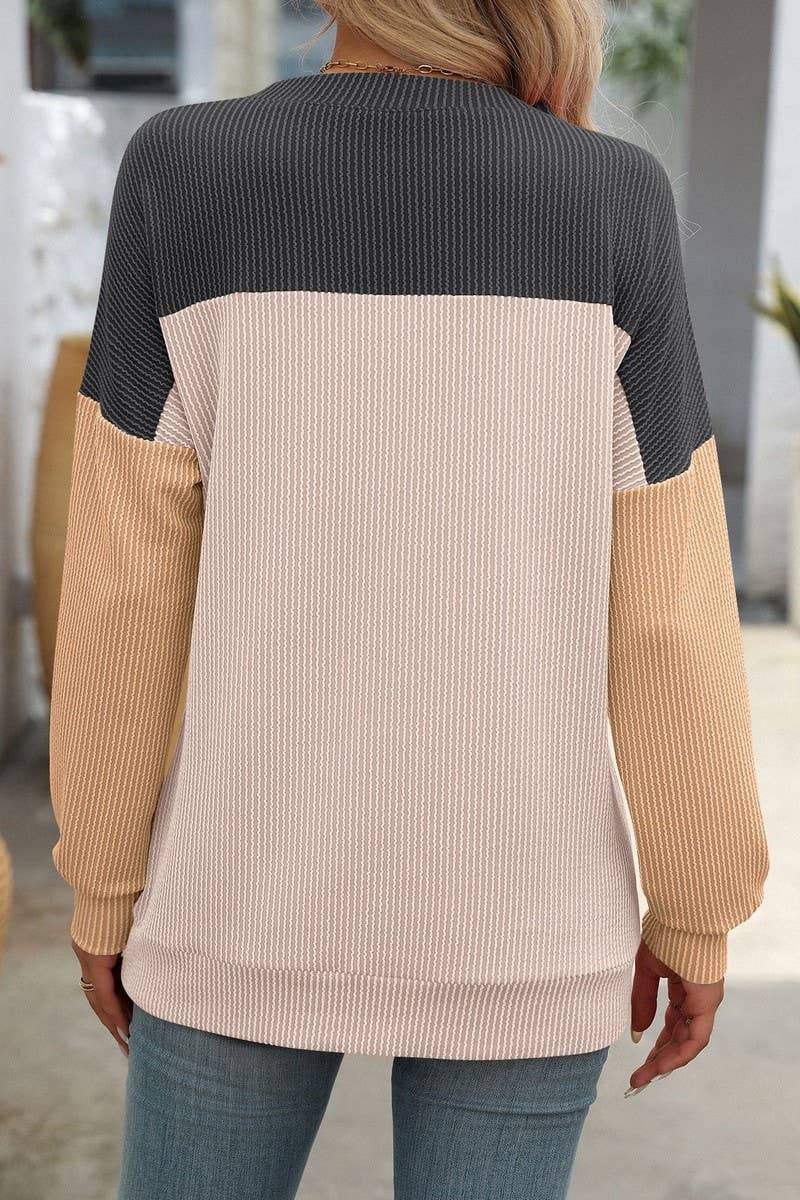 CWTBLL1490_ROUND NECK TWIST COLOR BLOCK LONG SLEEVE T-SHIRT
