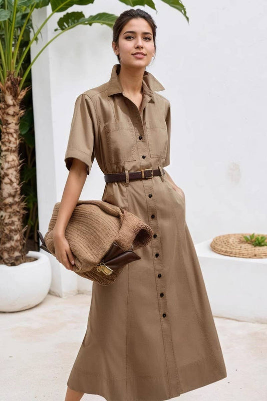 CWTDSS0074_LAPEL BELTED SINGLE BREASTED SHIRT DRESS