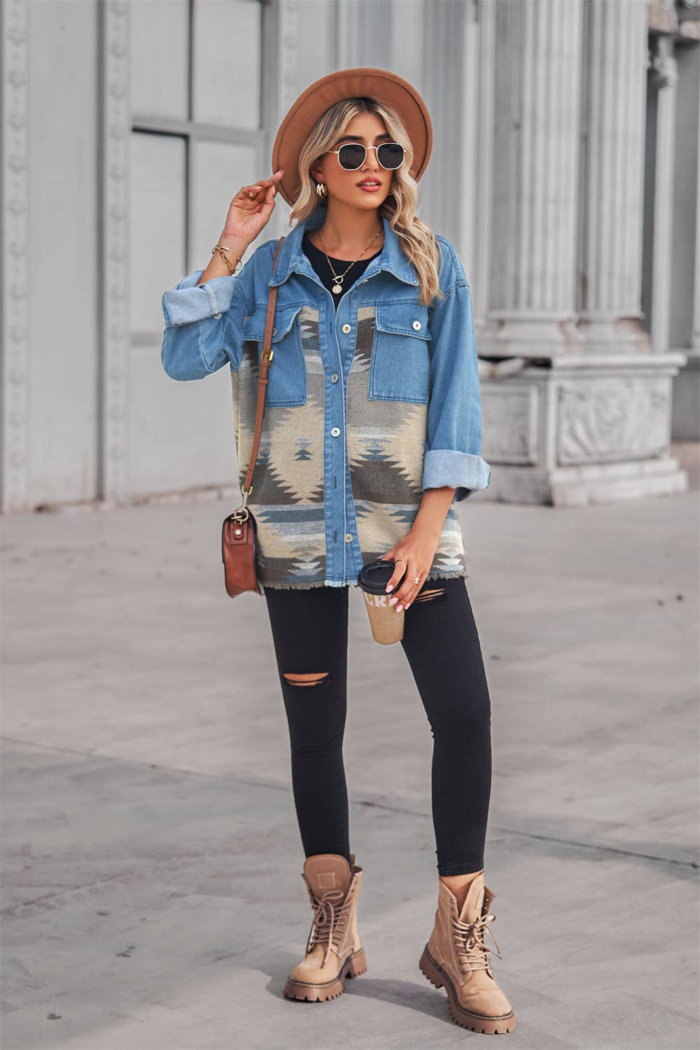 Denim patchwork lapel button-down woolen coat
