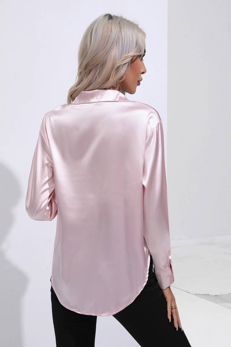 CWTBLL0690_Button Down Silky Satin Long Sleeve Top