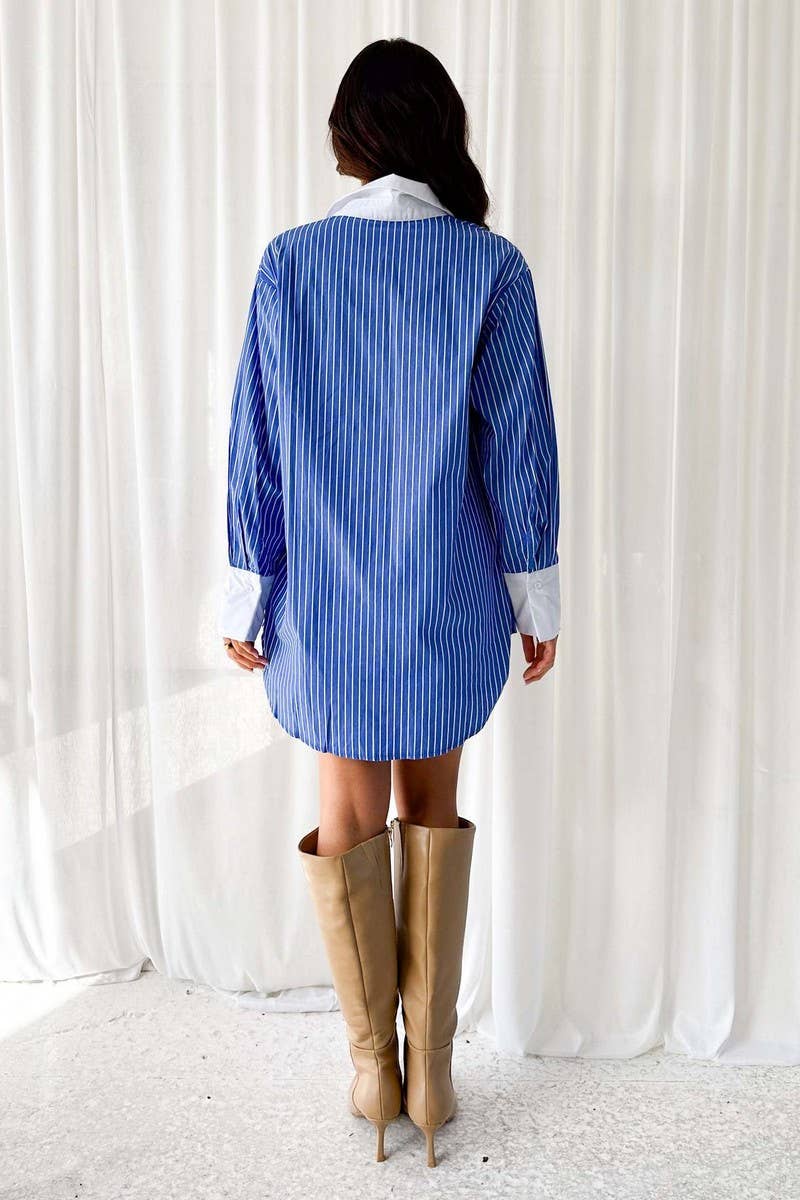 CWTBLL00718_LAPEL BLUE AND WHITE STRIPED COLORBLOCK SHIRT