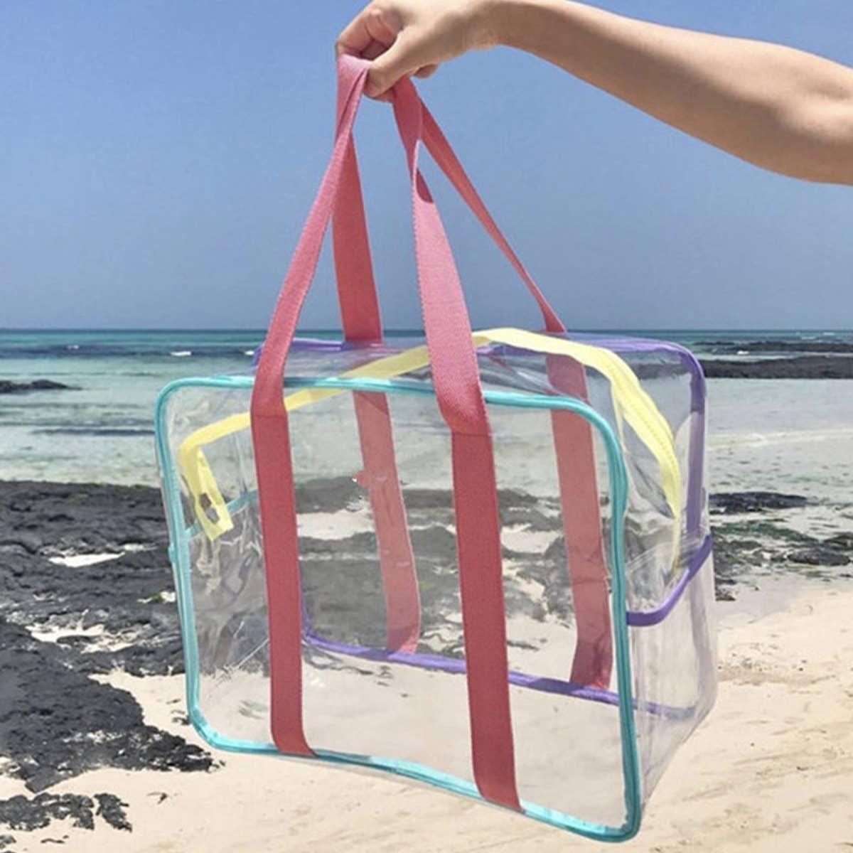 TRANSPARENT BEACH BAG WITH COLORFUL SHOULDER STRAPS_CWAB1923