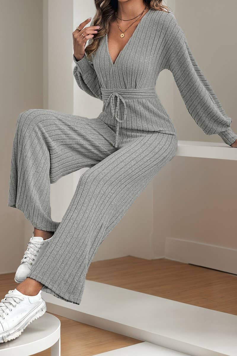 CWSJS1398_V-NECK SOLID COLOR HIGH WAIST WIDE LEG JUMPSUIT