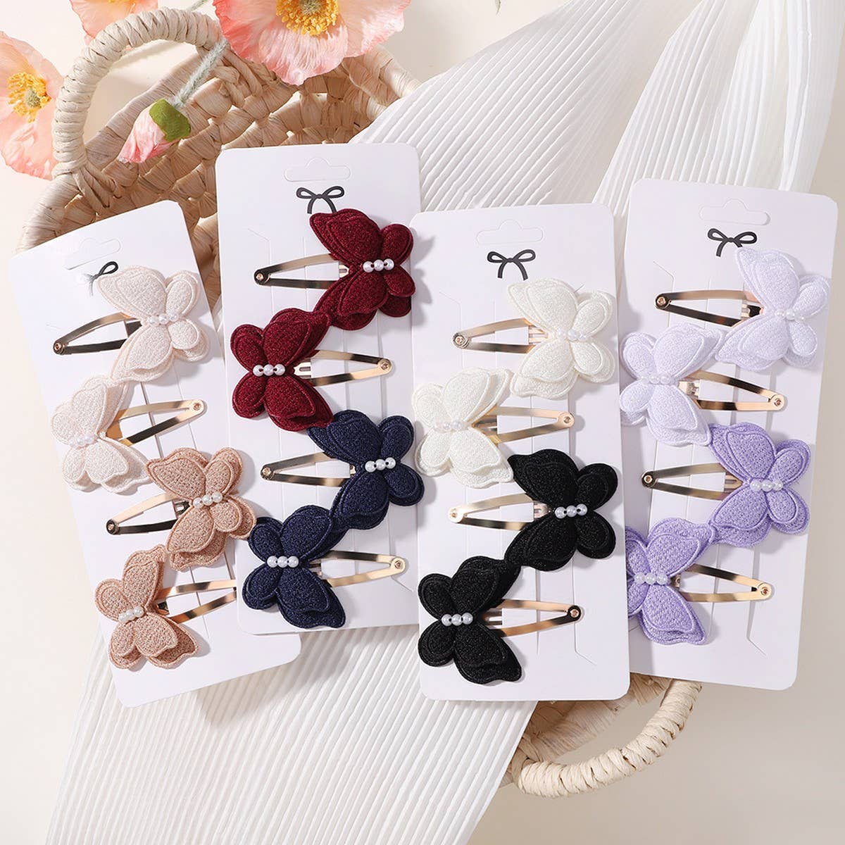 Double-Layer Pearl Bow Hair Clip Set for Kids