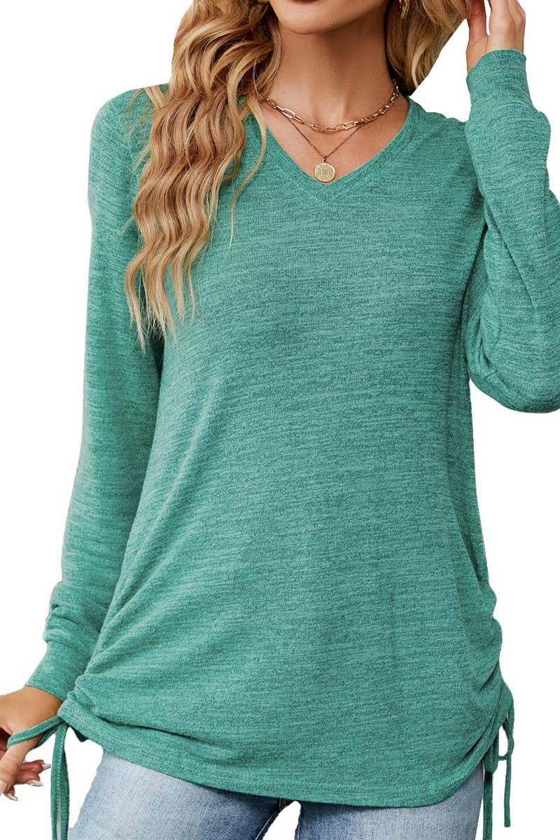 CWTBLL3662_WOMEN'S V-NECK PLEATED LONG SLEEVED LOOSE T-SHIRT