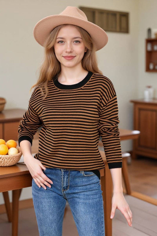 CWOSWL07603_CASUAL COLORBLOCK STRIPE CREWNECK SWEATER