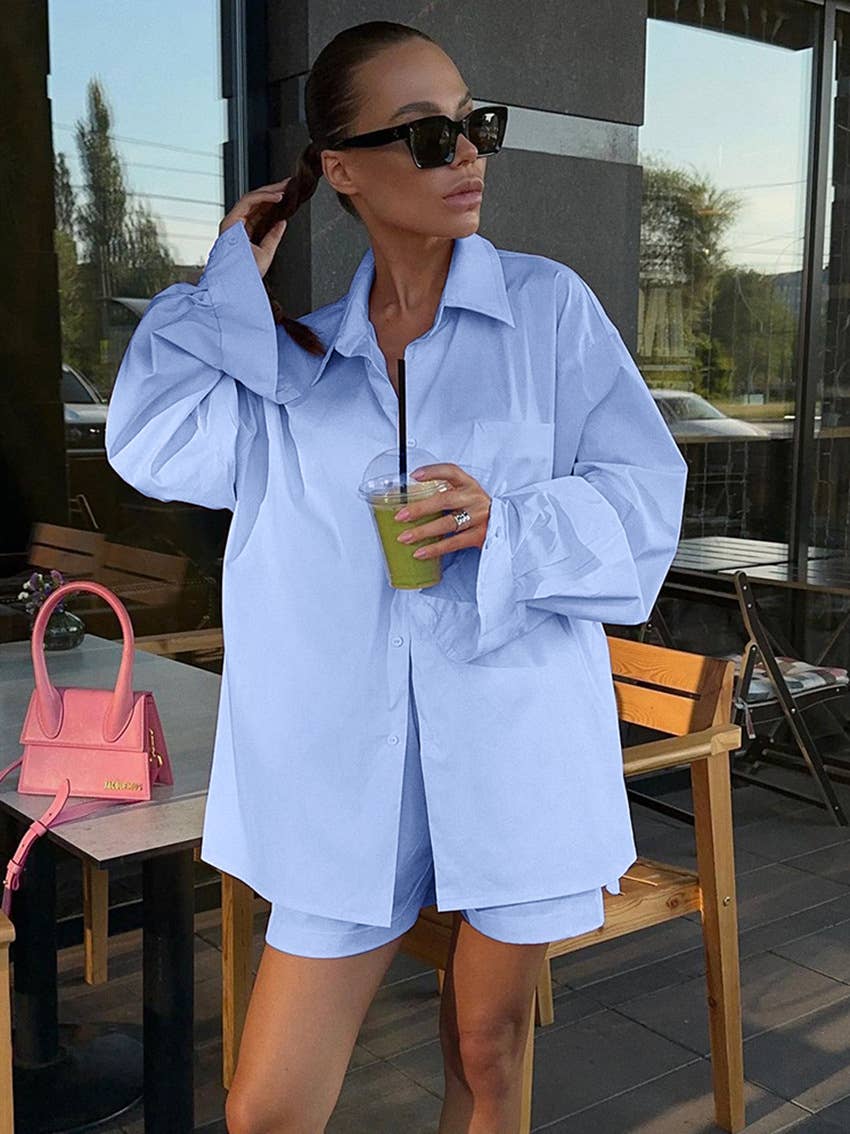 Chic solid color shirt & shorts casual set