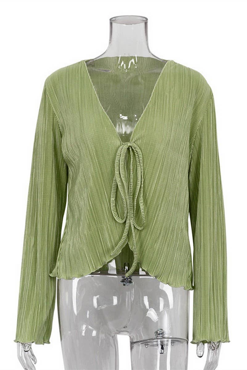 CWTBLL3976_SLIM FIT PLEATED BELL SLEEVE BLOUSE