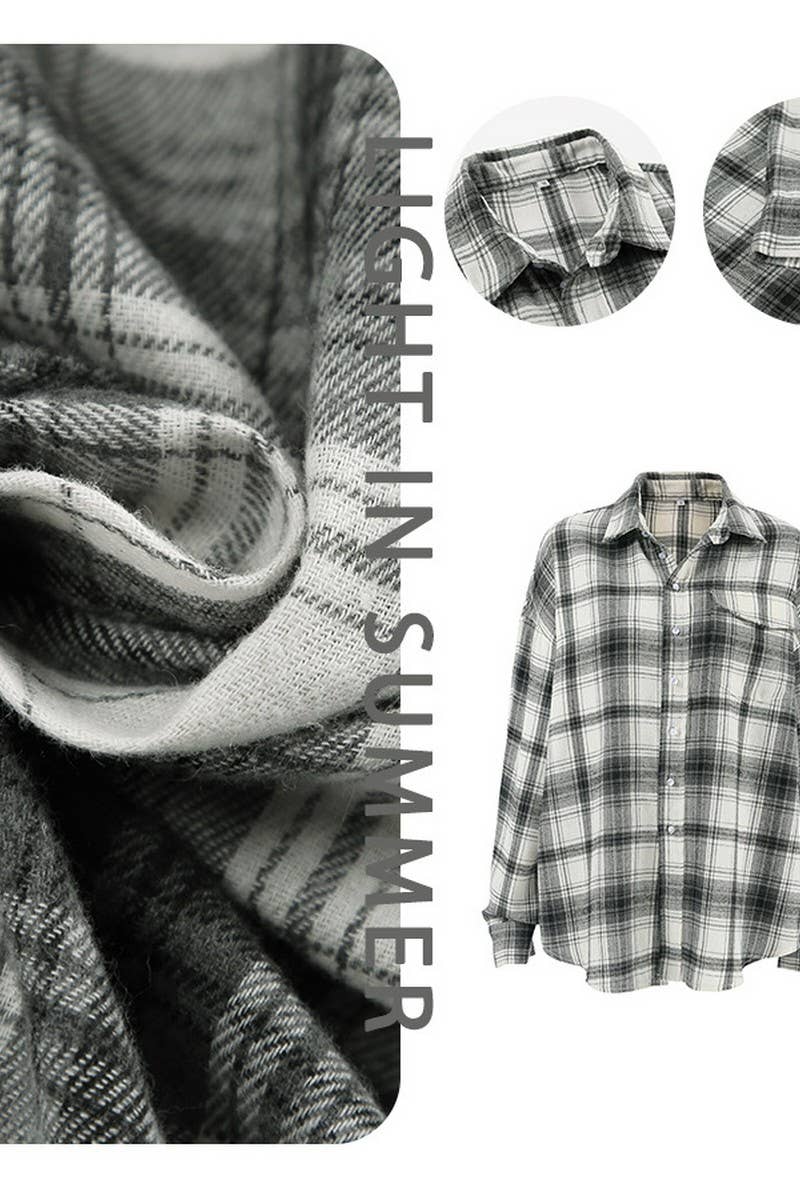 CWTBLL00617_RETRO BLACK AND WHITE PLAID LONG-SLEEVED SHIRT