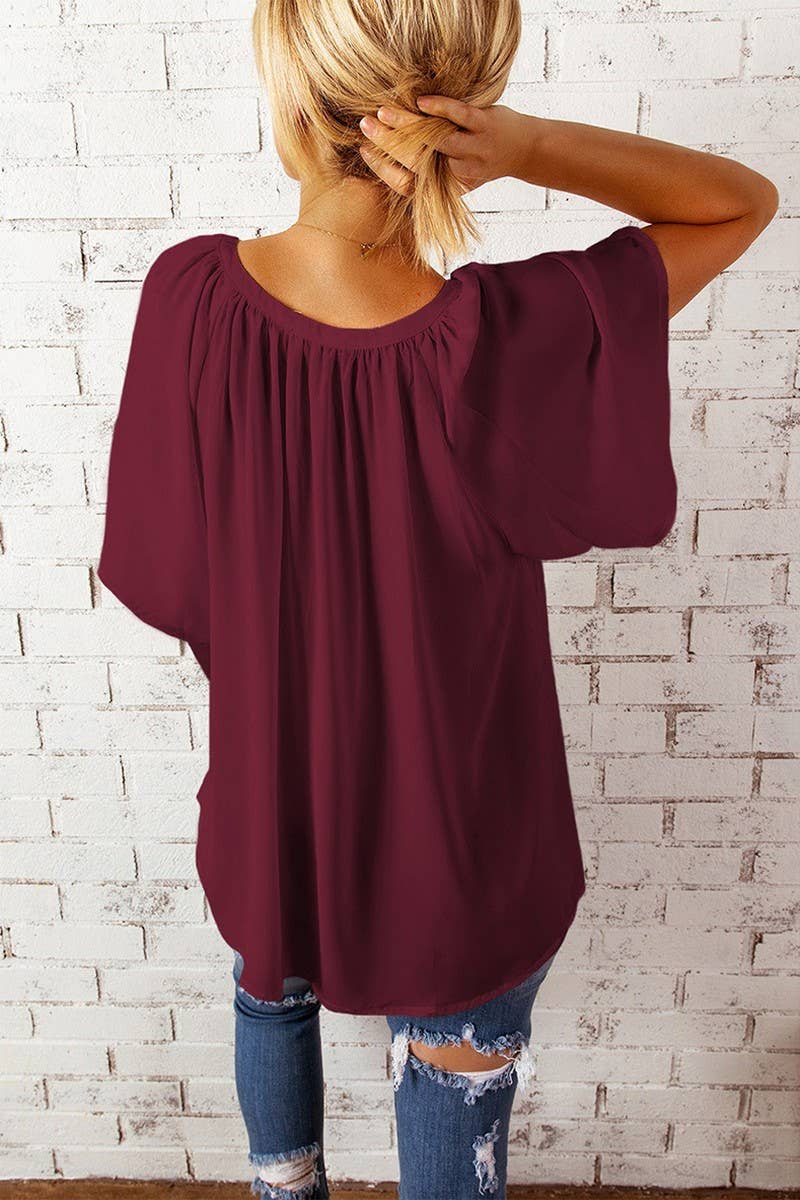 CWTBLS2307_SOLID V-NECK LOOSE FIT CHIFFON BLOUSE