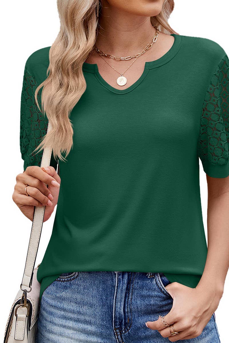 CWTTS1327_V-NECK LACE PANEL SHORT-SLEEVED LOOSE T-SHIRT