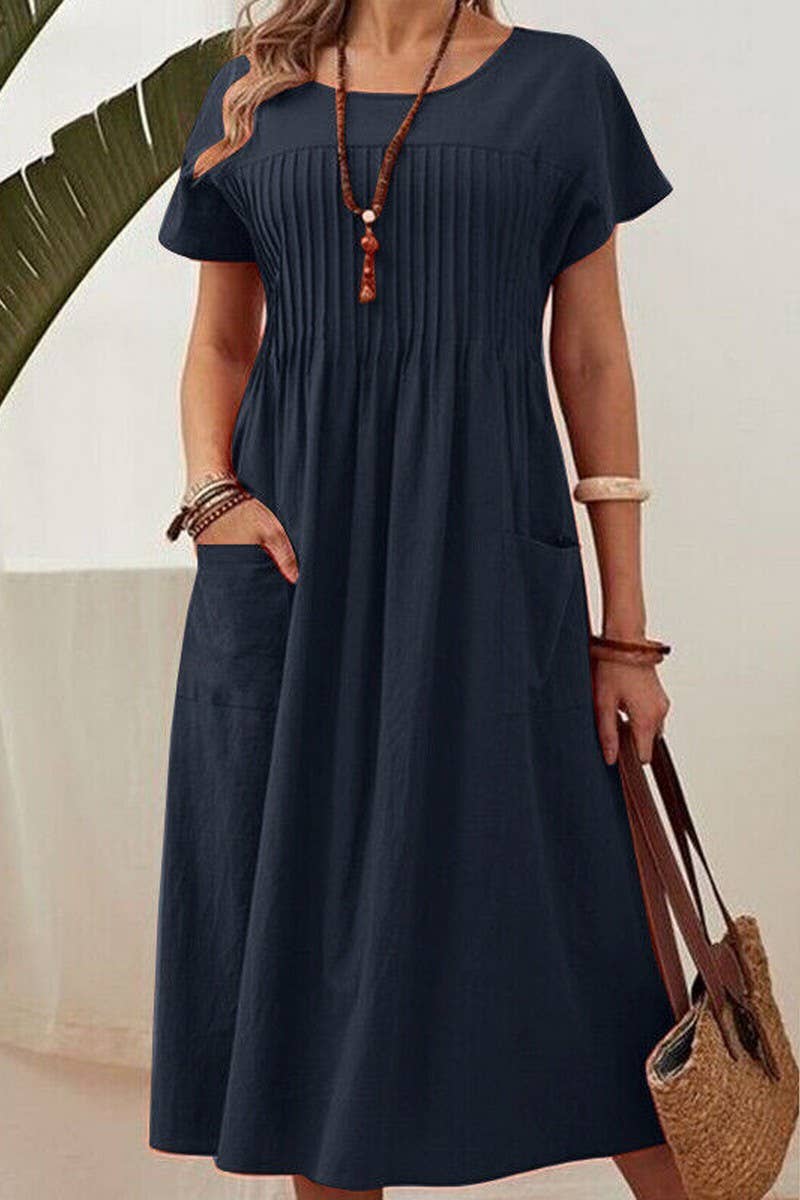 CWDMD3158_ROUND NECK POCKET PLEATED COTTON AND LINEN DRESS