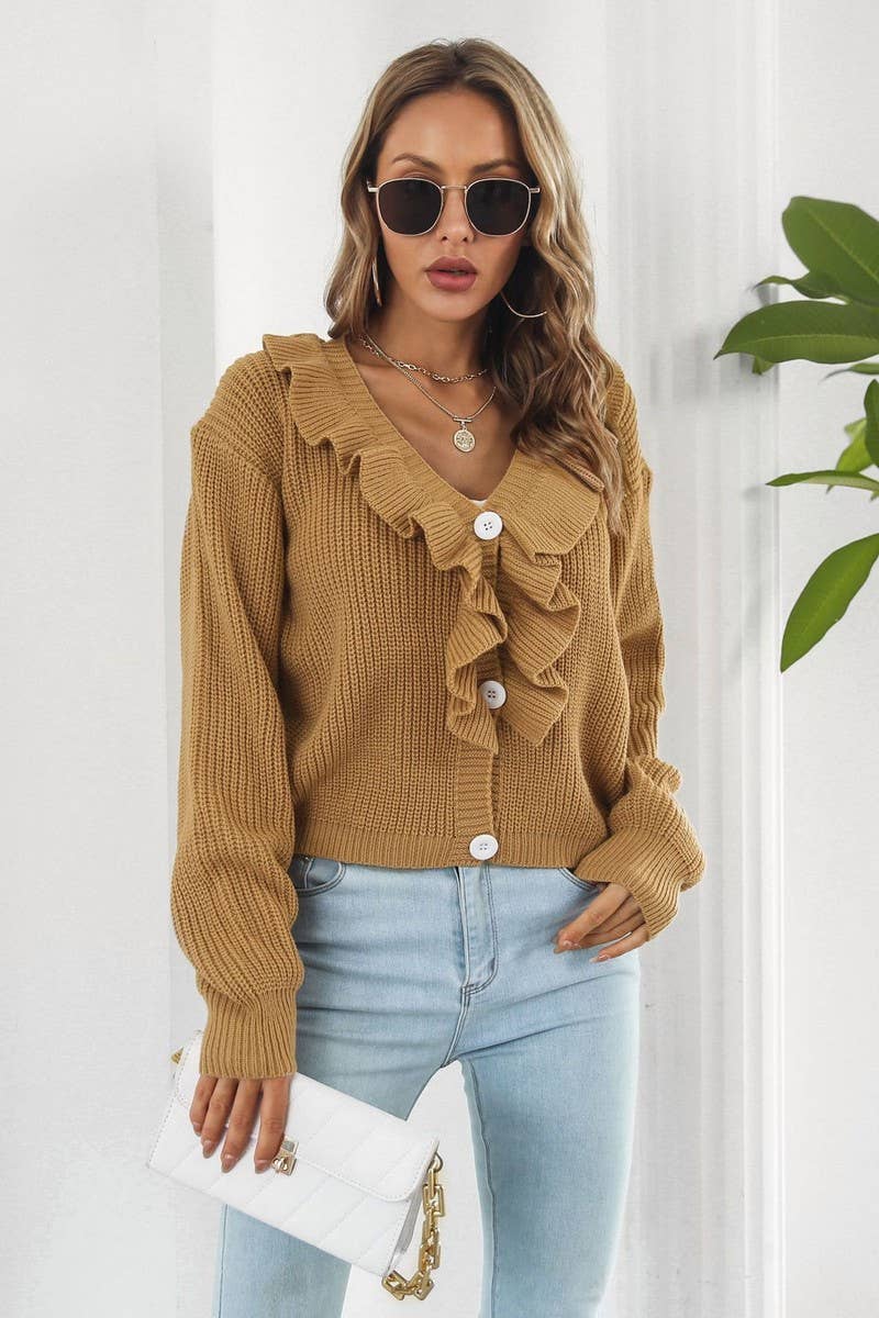 CWOCAL1160_RUFFLED LOOSE KNITTED SWEATER CARDIGAN COAT