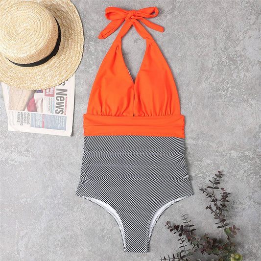 WOMEN'S HALTER BACKLESS ONE-PIECE SWIMSUIT