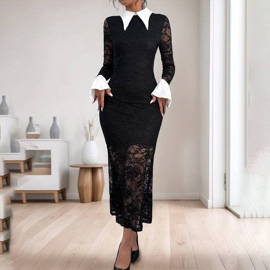 CONTRASTING COLORS ELEGANT LACE PATCHWORK DRESS