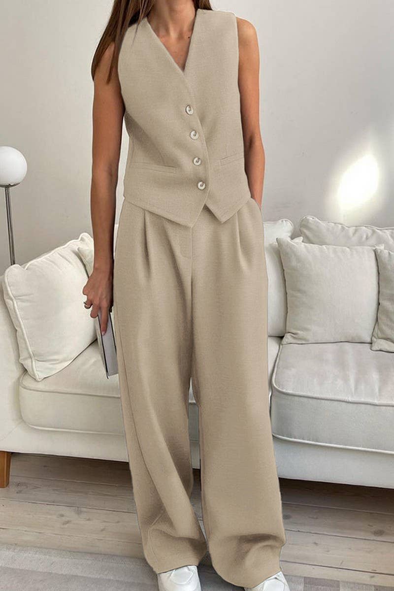 CWSTB1475_SOLID COLOR SUIT VEST TOP PANTS SET