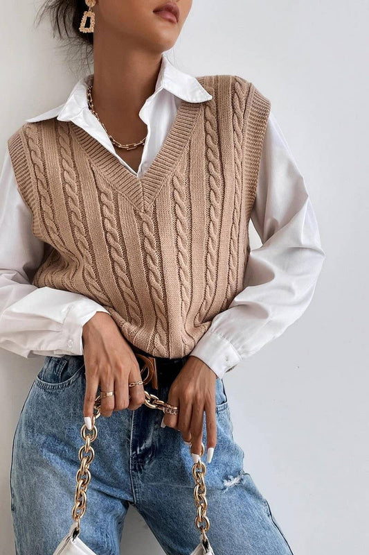 CWOV0577_V-NECK SOLID COLOR CABLE KNIT SWEATER VEST