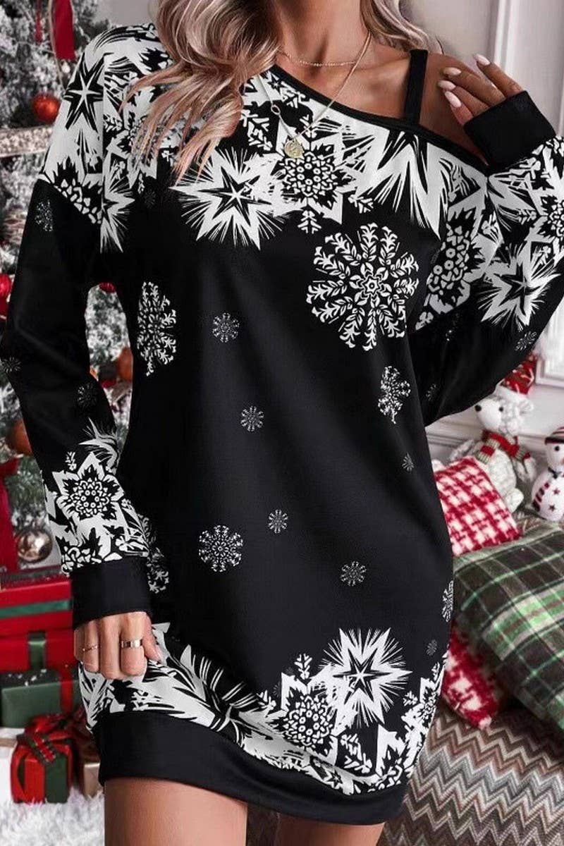 CWDSD10877_CHRISTMAS SNOWFLAKE OFF SHOULDER DRESS