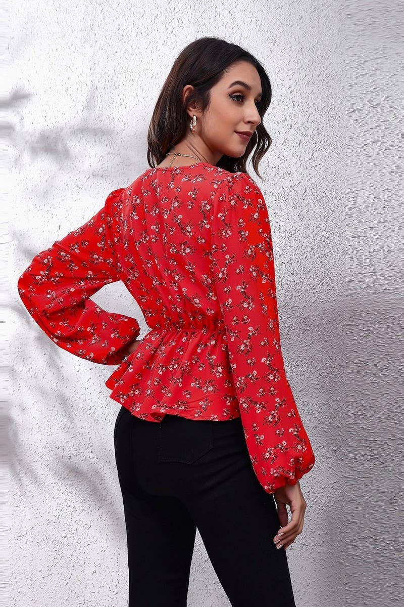 CWTBLL0707_V-Neck Long Sleeve Print Blouse