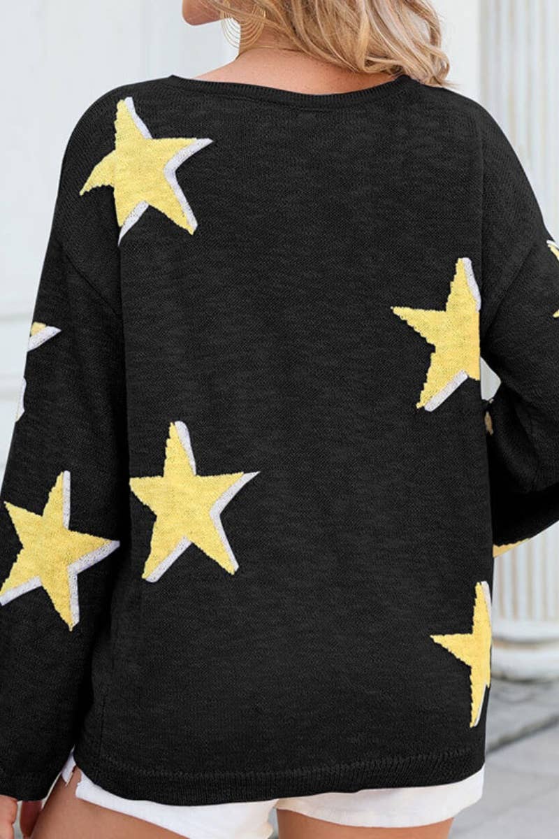 CWOSWL5205_FALL CREW NECK KNITTED STAR LONG SLEEVE SWEATER