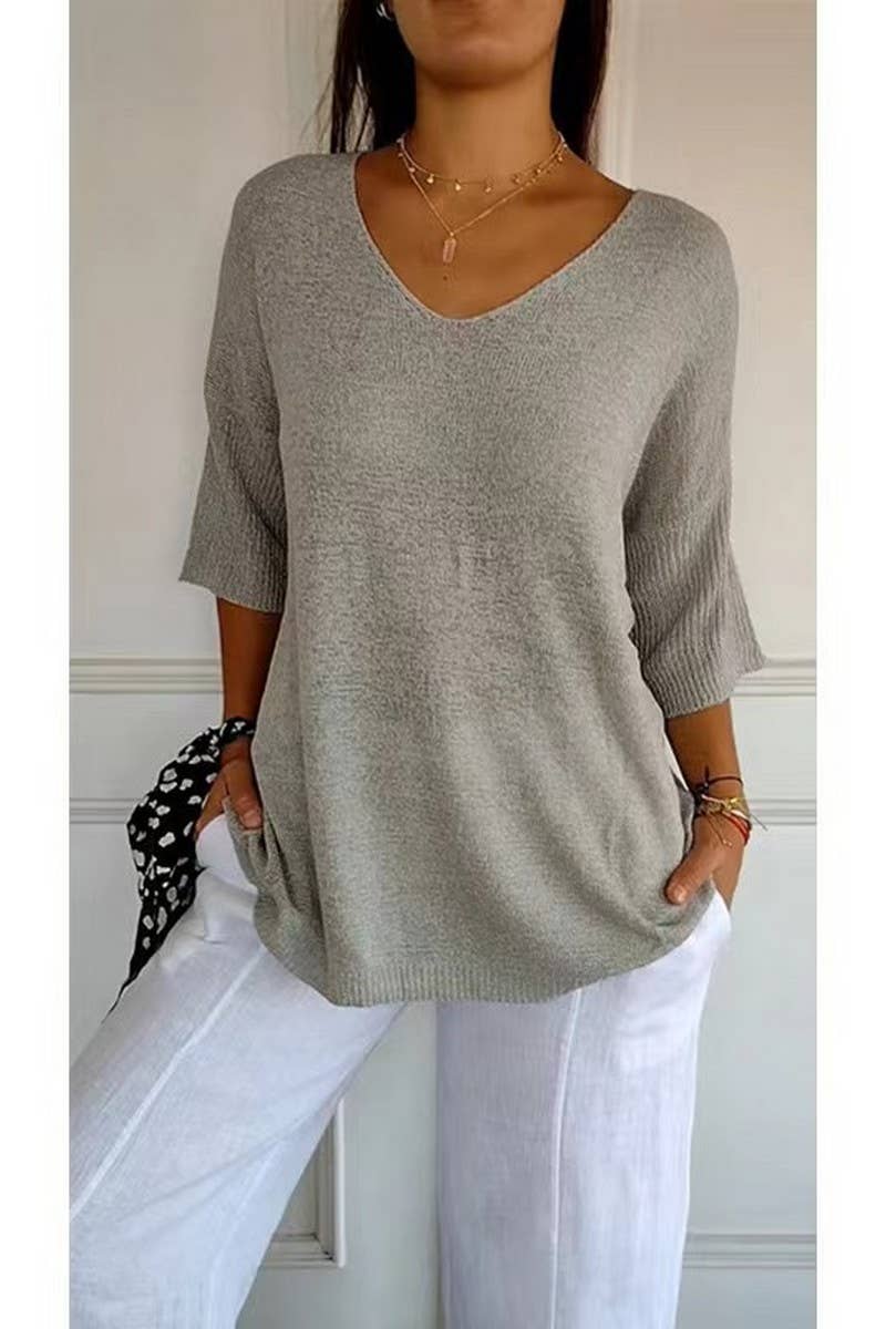 CWOSWL07659_V-NECK SOLID COLOR KNITTED BOTTOMING TOP