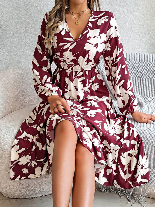 FLORAL LONG SLEEVE PEPLUM DRESS WITH WAIST TUCKED