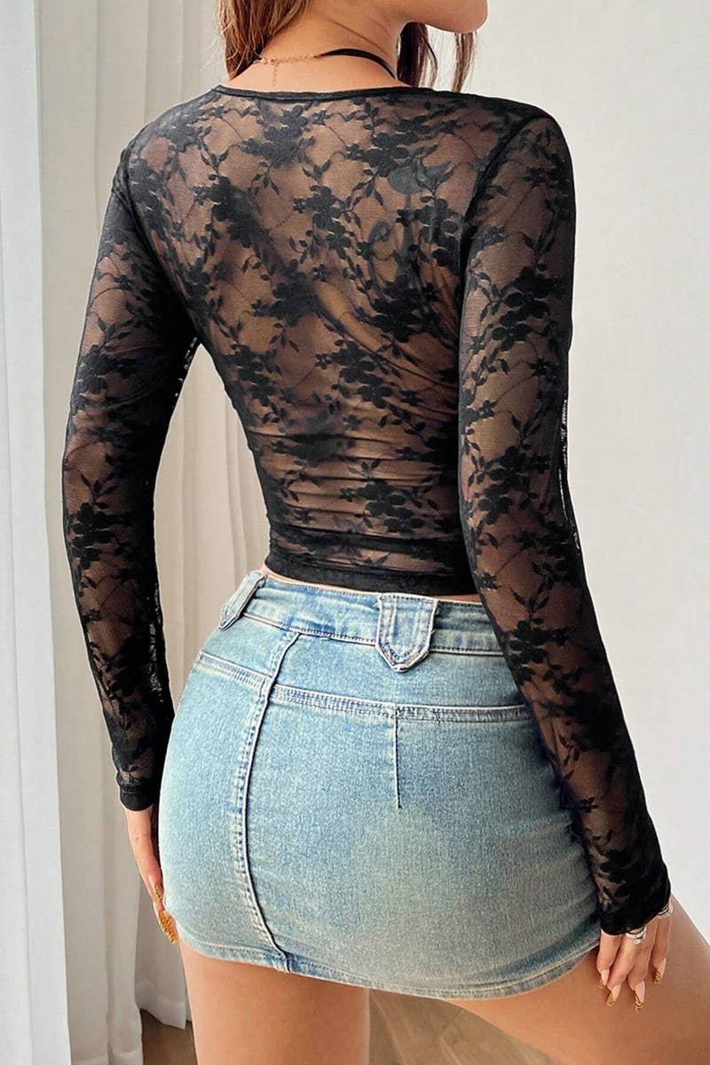 CWTBLL3497_LACE TRANSPARENT ROUND NECK BOTTOMING TOP