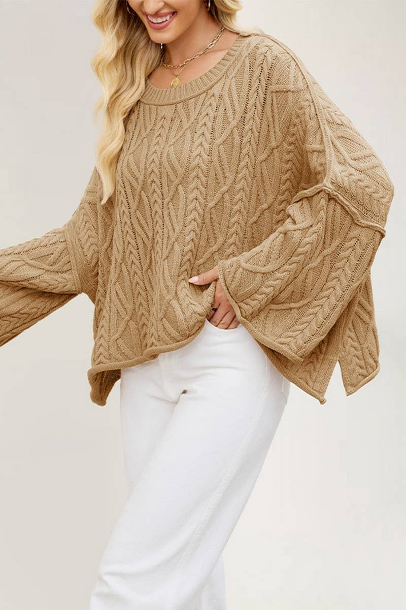 CWOSWL7016_ROUND NECK SHORT CABLE KNIT LOOSE SWEATER