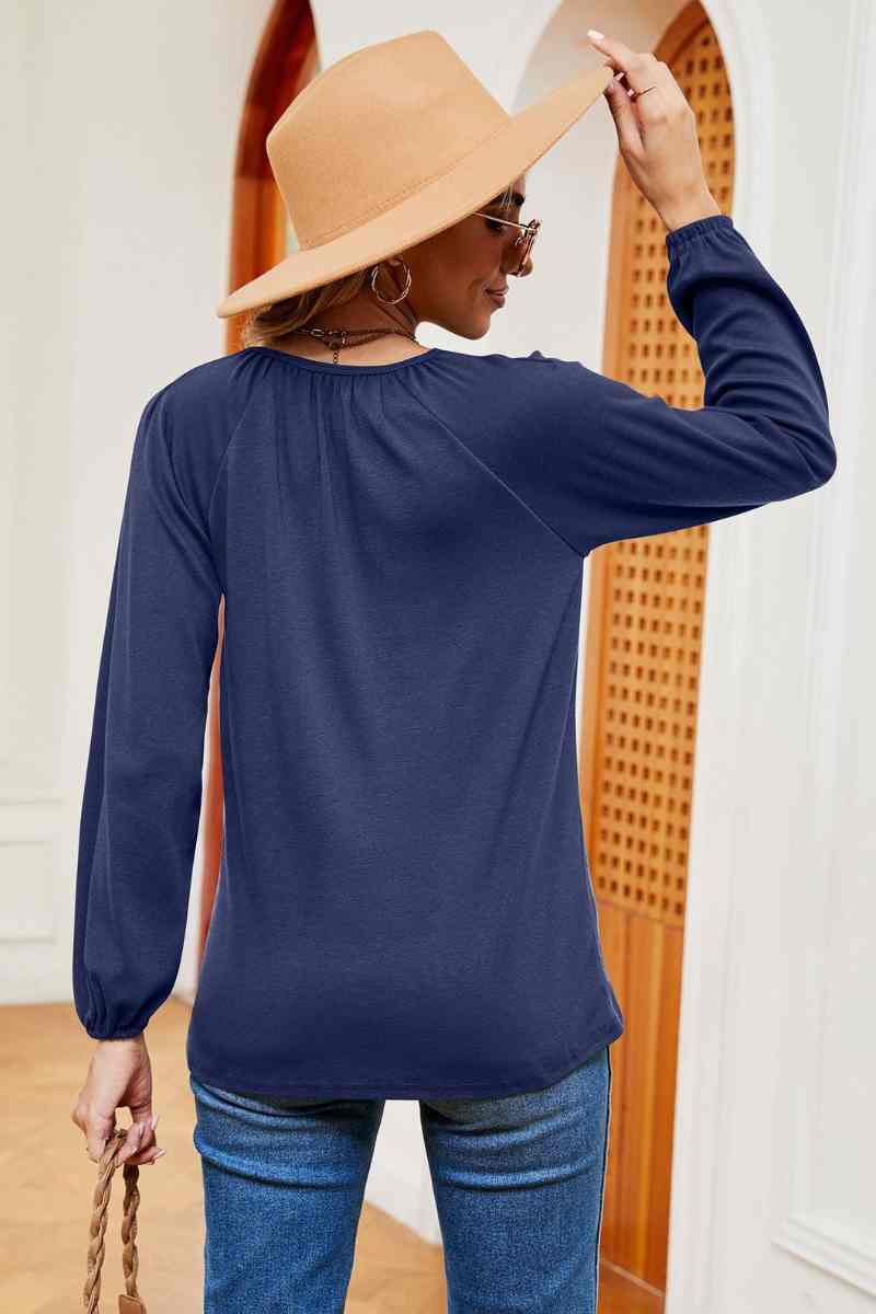 CWTBLL2840_CASUAL SOLID COLOR PLEATED LONG SLEEVE TOP