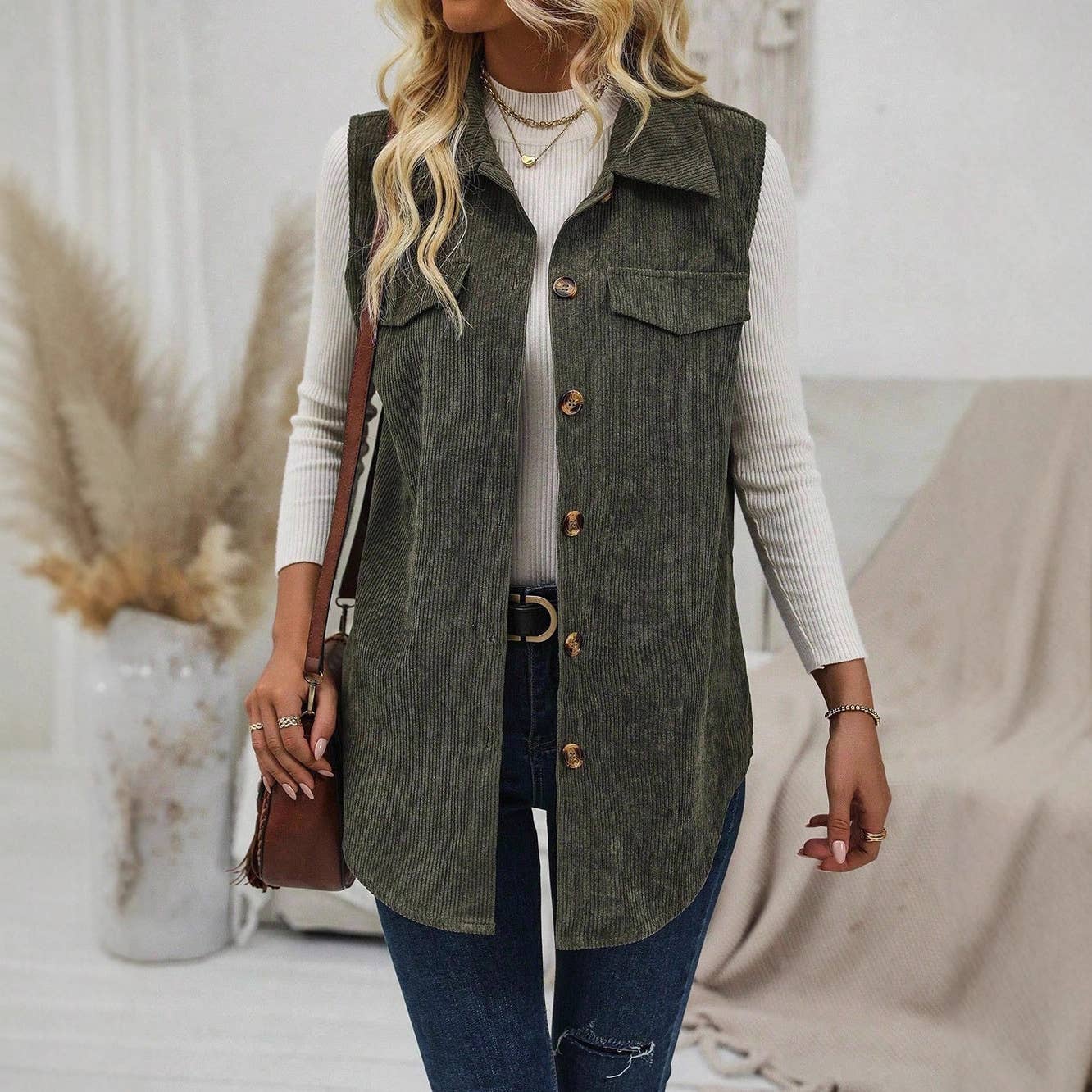 Casual corduroy lapel cardigan