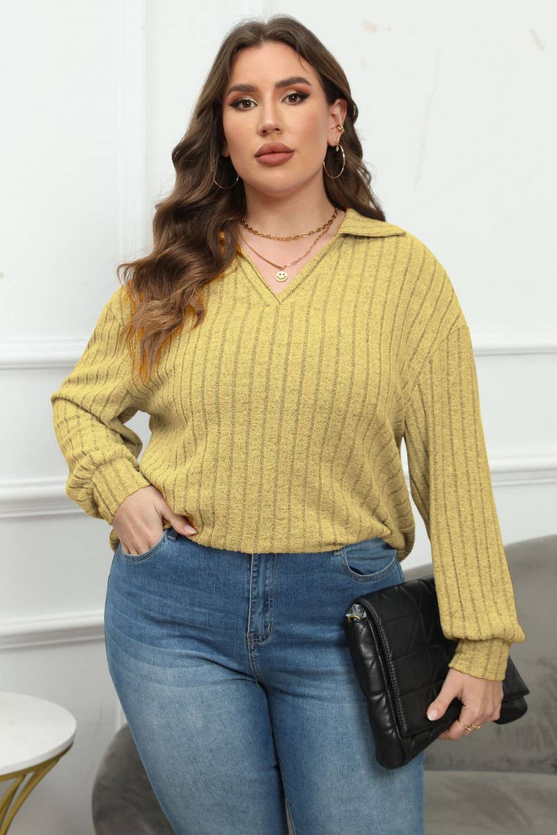 CWTTL1312_PLUS Size Casual Foldover Collar Knit Pullover Top