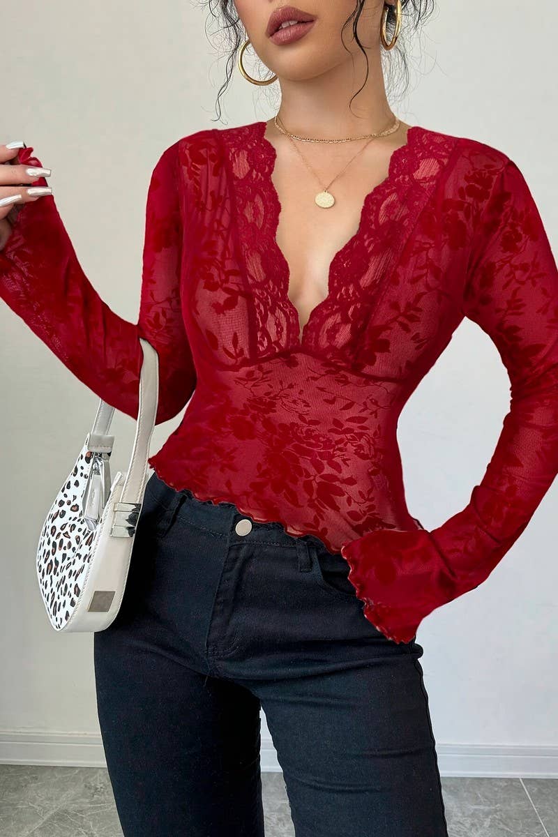 CWTBLL3908_LACE PATCHWORK MESH V-NECK BELL SLEEVE TOP