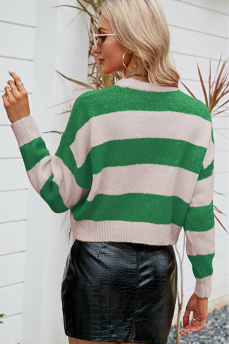 CWTSTL2704_AUTUMN AND WINTER SHORT ROUND NECK STRIPED TOP