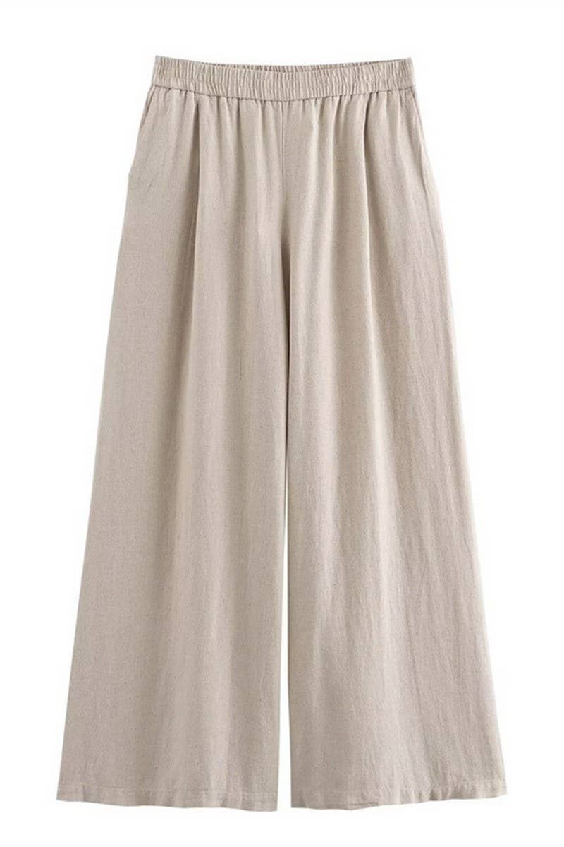 CWSTB1430_LOOSE LINEN SHIRT ELASTIC STRAIGHT TROUSERS SET