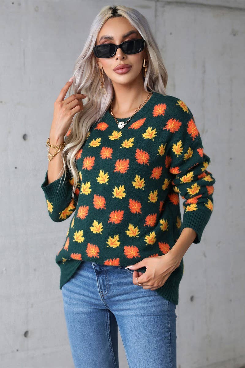 CWOSWL5757_MAPLE LEAF CHRISTMAS CREW NECK SWEATER