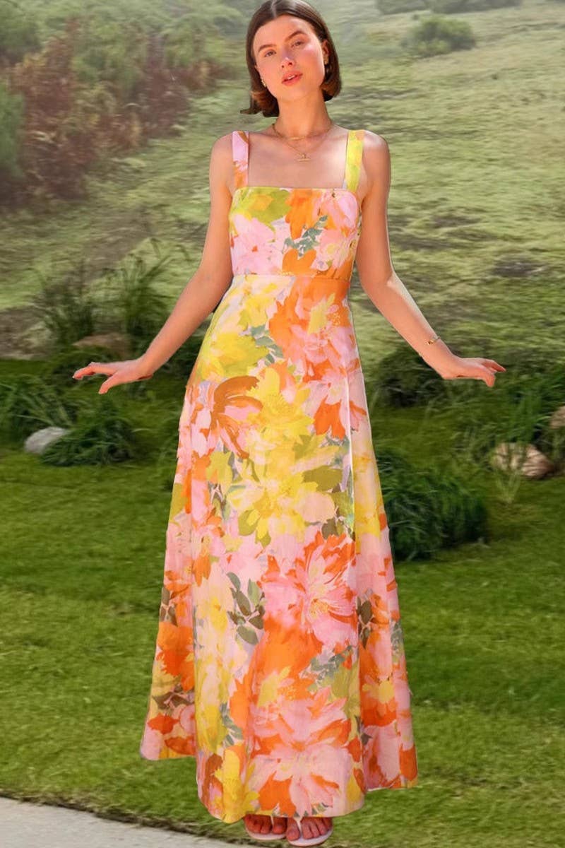CWDHL1073_SUMMER HOLIDAY STYLE SLING FLOWER SWING DRESS
