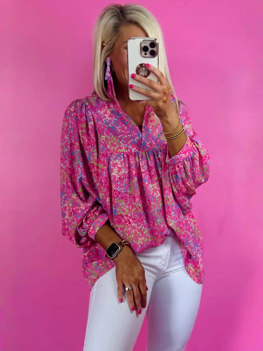 Casual loose flesh-covering pullover floral print shirt