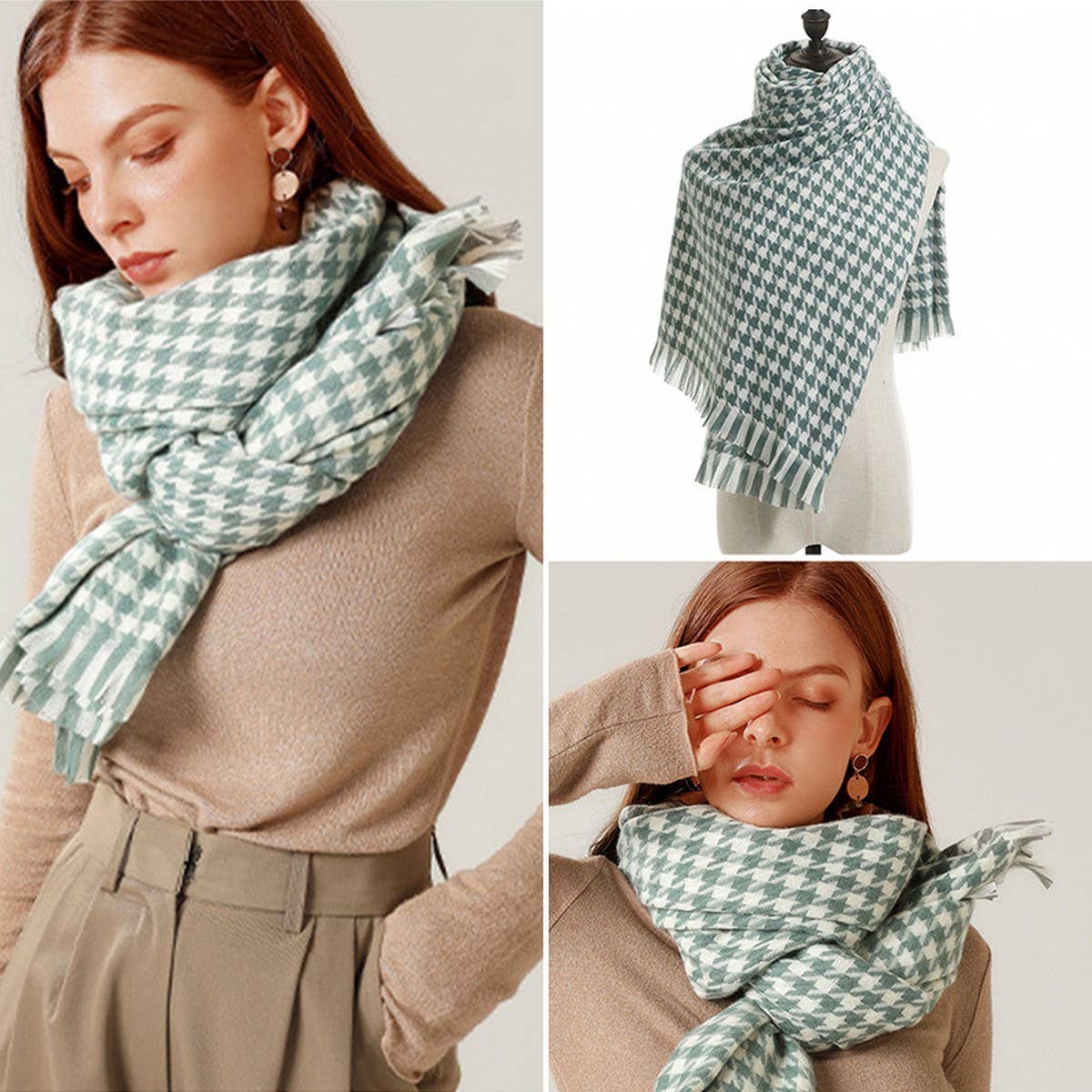 WINTER WARM LATTICE LARGE SCARF FRINGE SHAWL