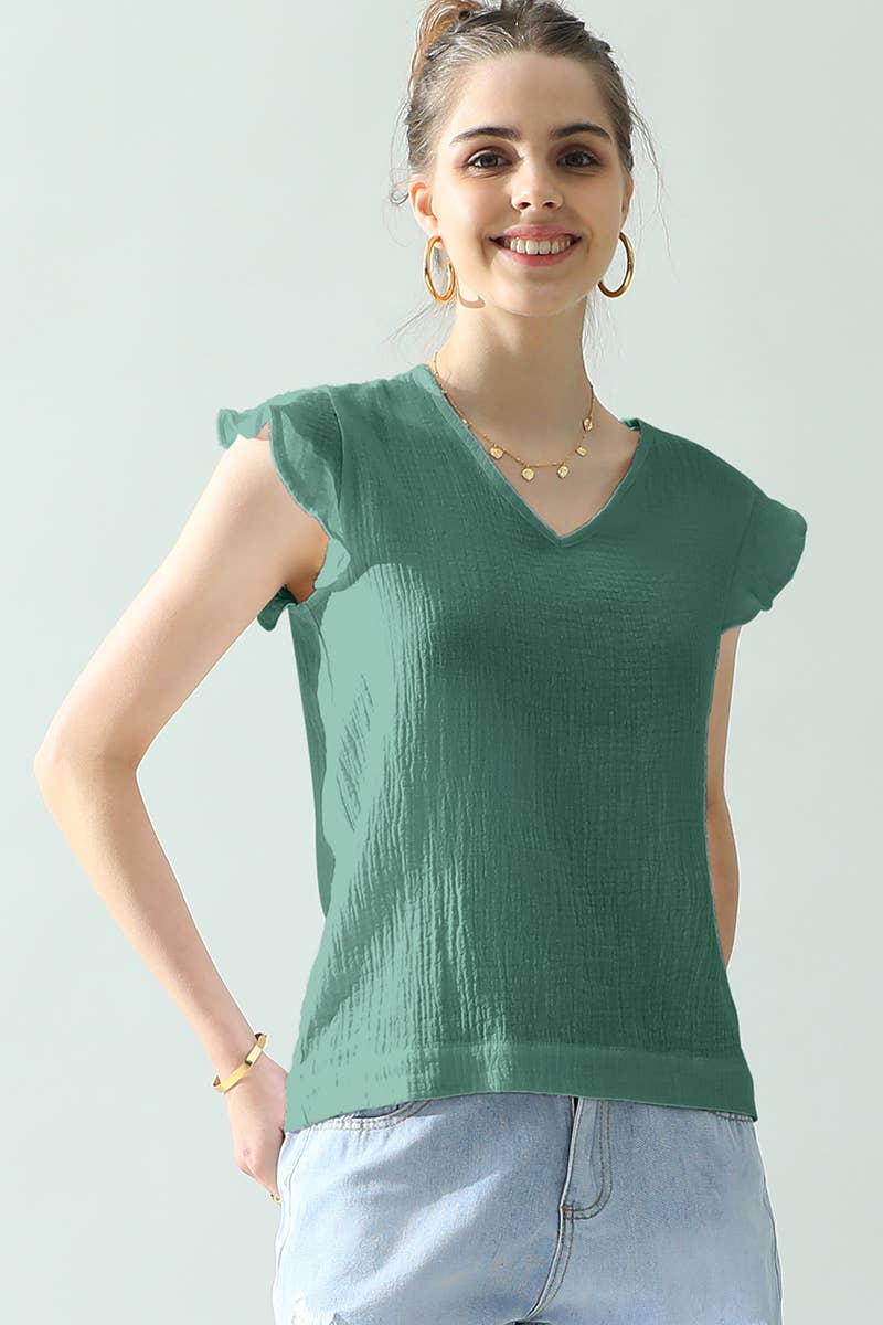 CWTTS688_V NECK BUTTERFLY RUFFLE TUNIC TOP
