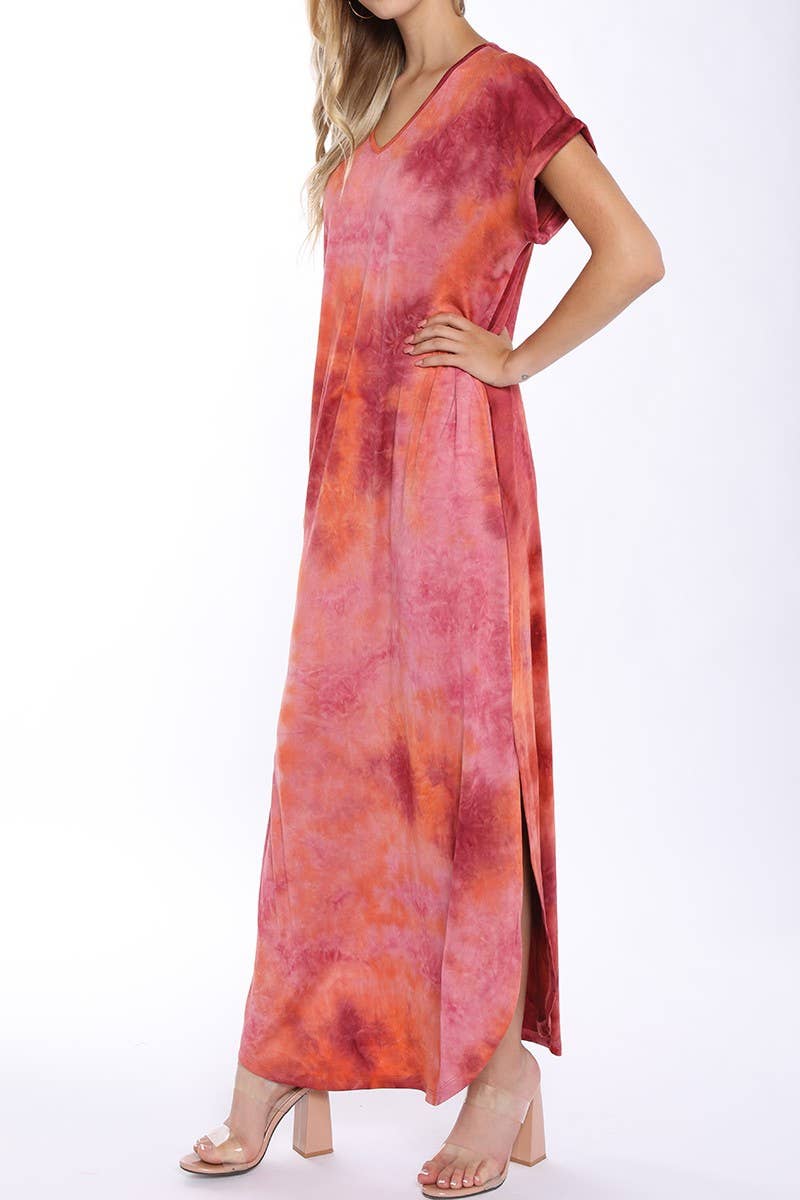 CWDMD141-P_SHORT SLEEVE V-NECK MAXI DRESS WITH SIDE SLIT