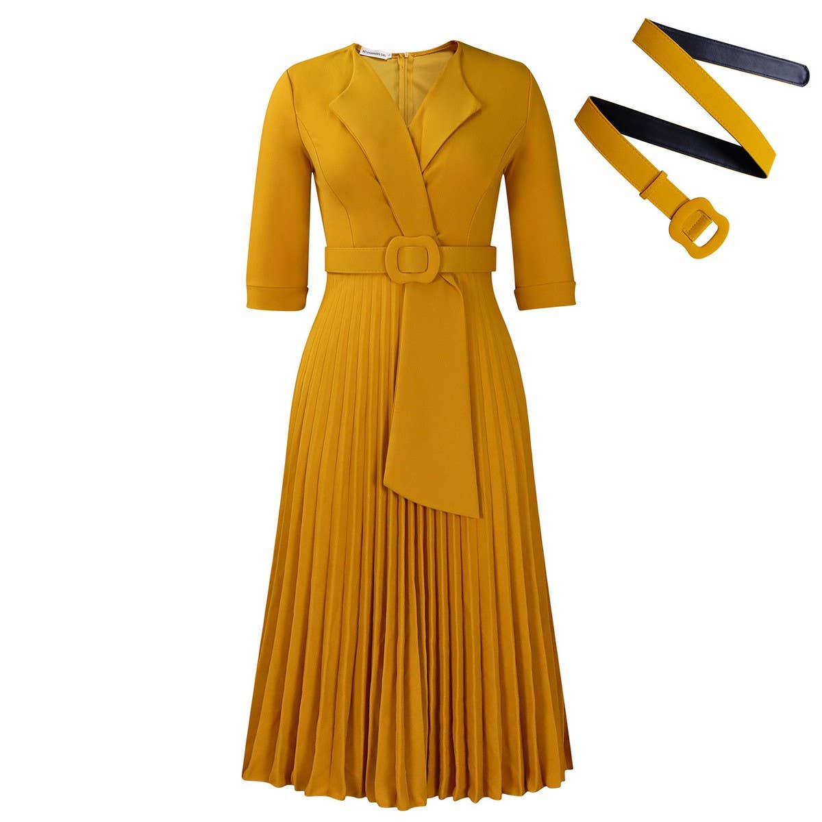FASHION SUIT COLLAR PLEATED WAIST PLUS SIZE DRESS_CWDMD3653