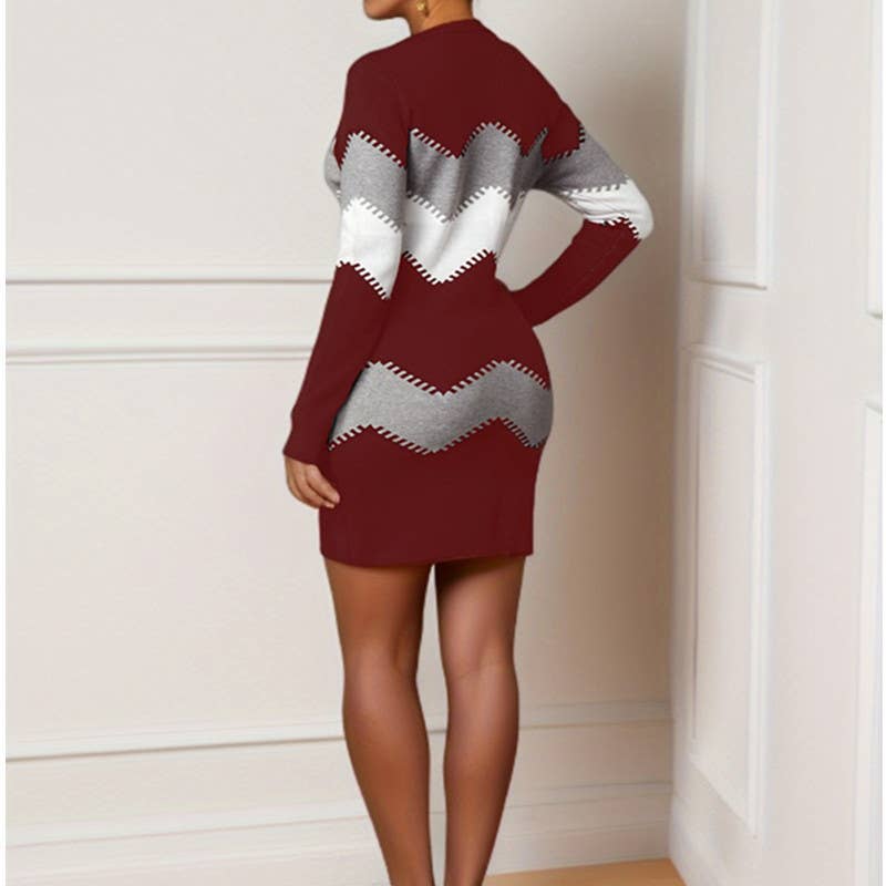 CREW-NECK LONG-SLEEVED KNIT DRESS WITH HIP WRAP