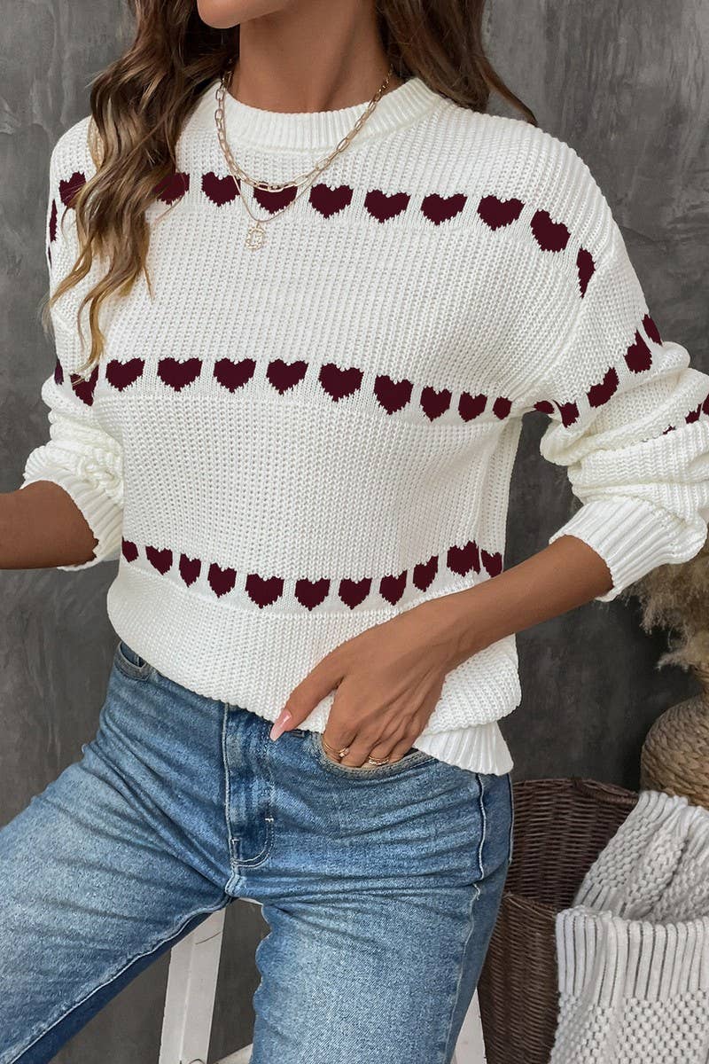CWOSWL07116_CASUAL PULLOVER LONG SLEEVE HEART KNIT SWEATER