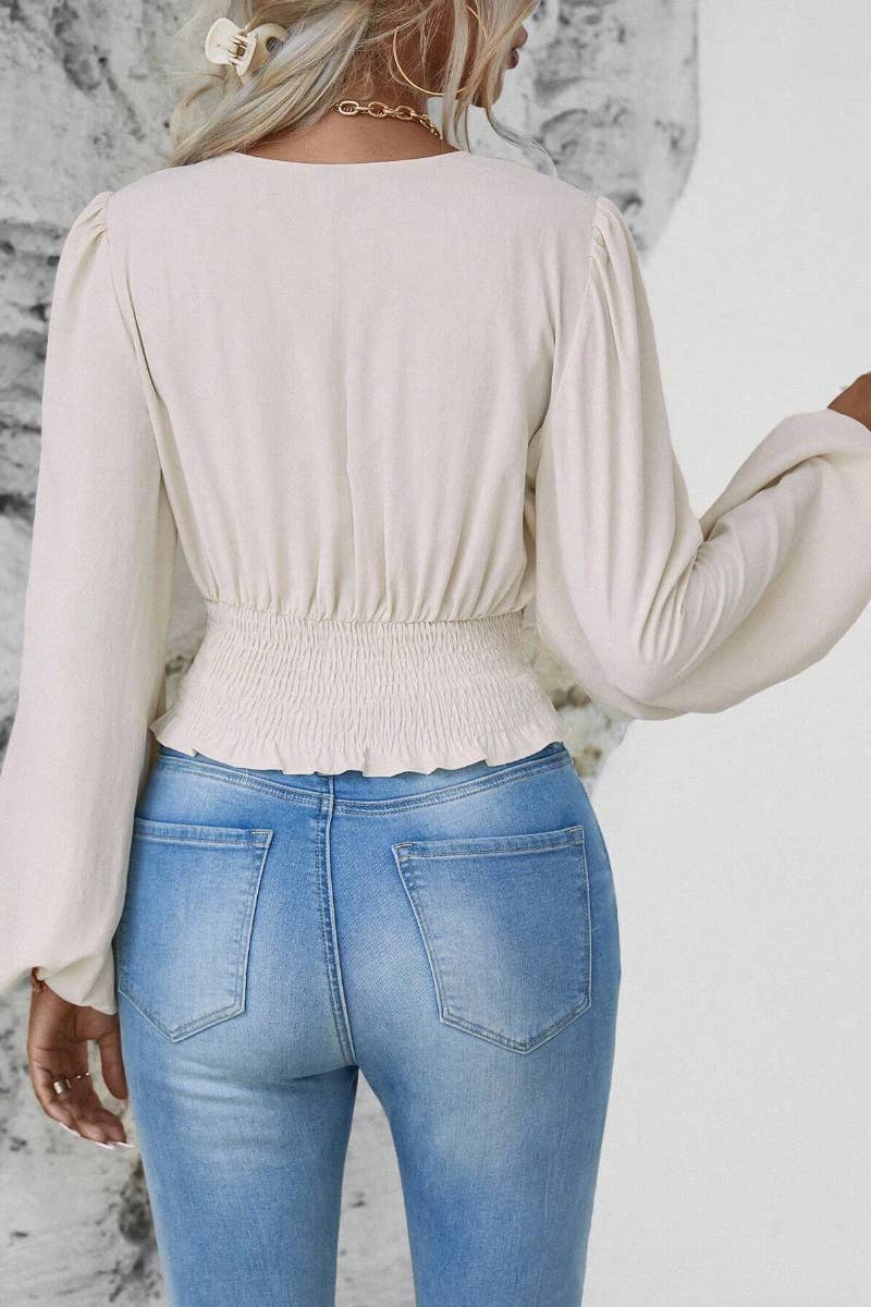 CWTBLL2548_AUTUMN V-NECK WAIST LONG SLEEVE WAIST TOP