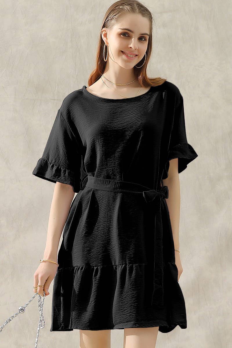 CWDSD10405_WAIST BOW TIE MIDI RUFFLE SHORT MIDI DRESS