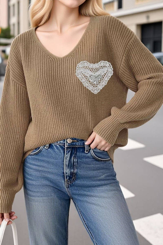 CWOSWL07339_WOMEN V NECK LACE BOW POCKET KNIT SWEATER